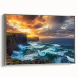 Framed canvas artwork depicting a stunning cliff landscape with vibrant colors, silver frame, and a side view showcasing its elegant design, perfect for home decor.
