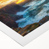Vibrant rolled canvas showcasing a stunning landscape of majestic cliffs under a clear blue sky, ready for display, emphasizing nature's beauty and tranquility.