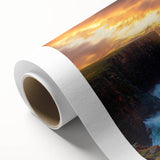 Vibrant rolled canvas artwork depicting dramatic cliffs and serene landscapes, showcasing rich colors and intricate details, ideal for home decor.