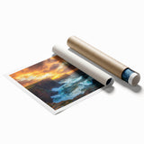 Vibrant rolled print showcasing a stunning landscape of rugged cliffs under a brilliant blue sky, perfect for home decor or art enthusiasts, packaged securely for shipping.