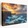 Stretched canvas artwork depicting a breathtaking landscape with dramatic cliffs and vibrant colors, perfect for modern home decor or nature enthusiasts.