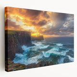Stretched canvas artwork depicting a breathtaking landscape with dramatic cliffs and vibrant colors, perfect for modern home decor or nature enthusiasts.