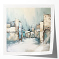Abstract architecture wall art print showcasing geometric shapes in vibrant colors, displayed in a glossy mockup setting, ideal for modern decor.