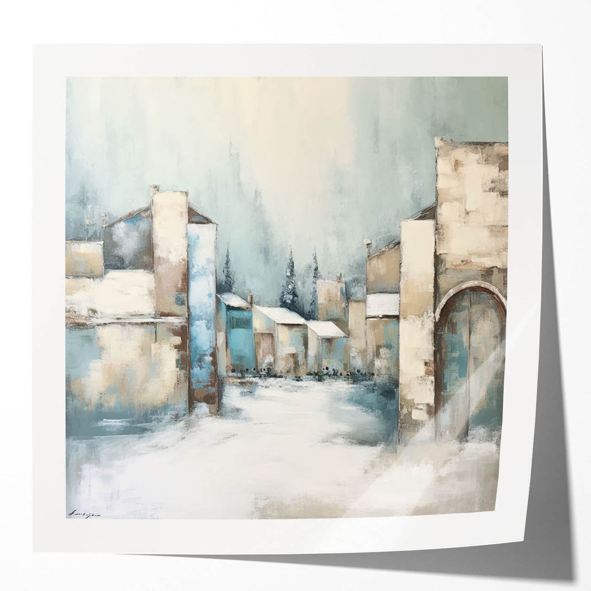 Abstract architecture wall art print showcasing geometric shapes in vibrant colors, displayed in a glossy mockup setting, ideal for modern decor.