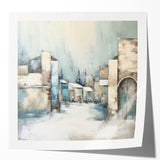 Abstract architecture wall art print showcasing geometric shapes in vibrant colors, displayed in a glossy mockup setting, ideal for modern decor.