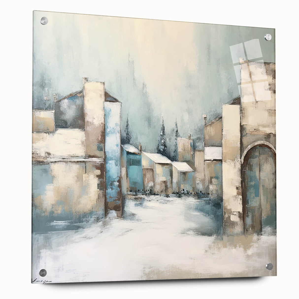 Abstract architectural wall art displayed in acrylic glass, showcasing a modern design with vibrant colors and unique geometric patterns, mounted with stylish pins.