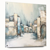 Abstract architectural wall art displayed in acrylic glass, showcasing a modern design with vibrant colors and unique geometric patterns, mounted with stylish pins.