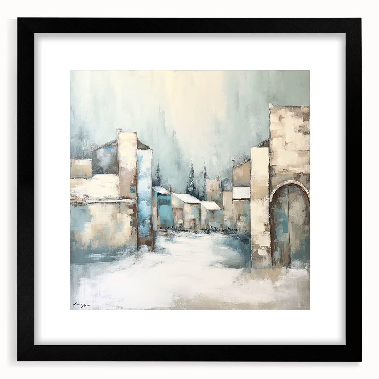 Abstract architecture wall art framed in black, showcasing geometric shapes and lines, perfect for modern home decor. Features a sleek mat for added elegance.