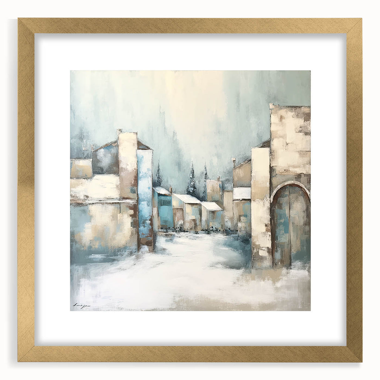Abstract architecture wall art framed with a gold mat, showcasing geometric shapes and modern design elements, perfect for contemporary home decor.