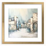 Abstract architecture wall art framed with a gold mat, showcasing geometric shapes and modern design elements, perfect for contemporary home decor.