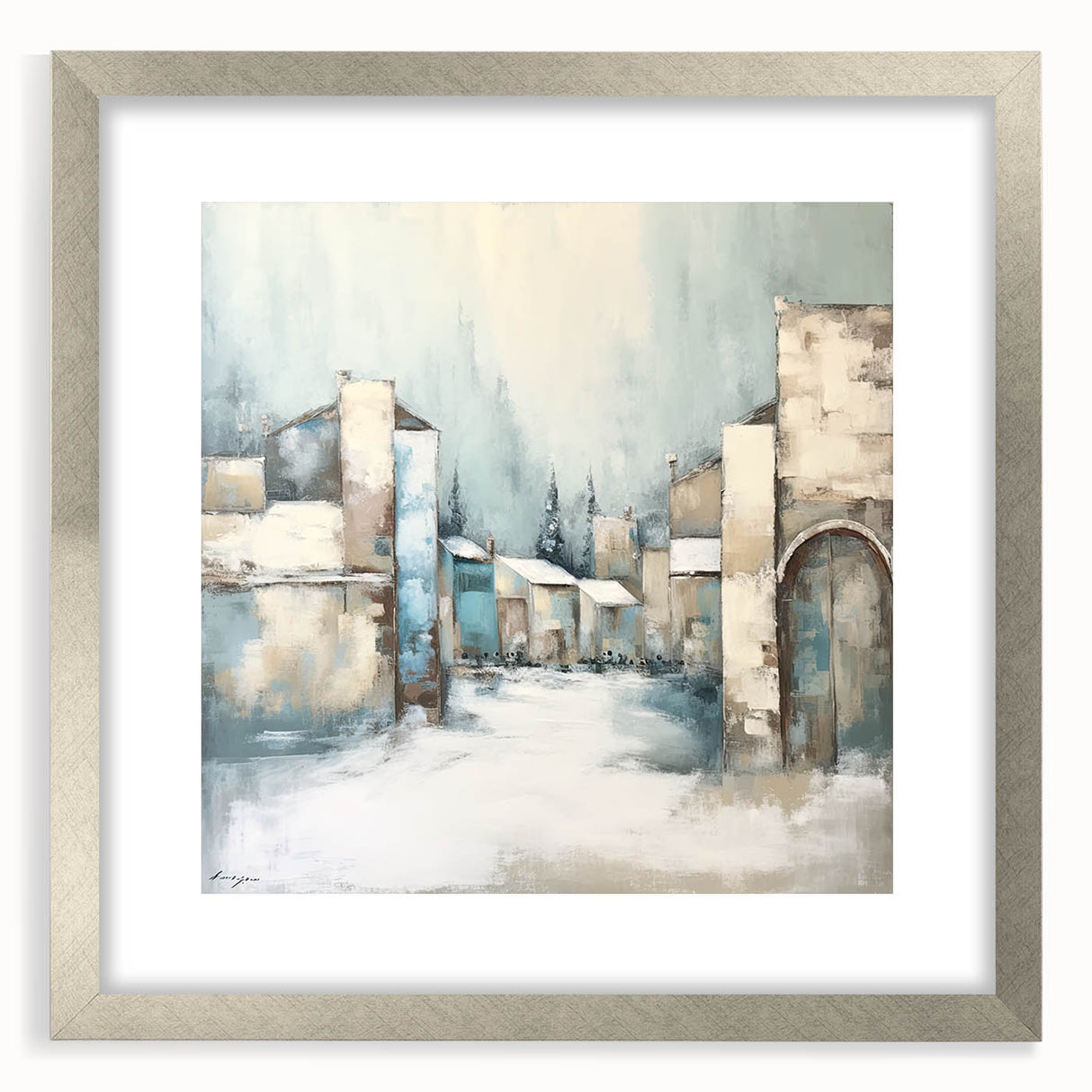 Abstract architectural wall art framed in silver with a mat, showcasing geometric patterns and modern design elements, perfect for contemporary decor.