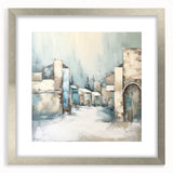 Abstract architectural wall art framed in silver with a mat, showcasing geometric patterns and modern design elements, perfect for contemporary decor.