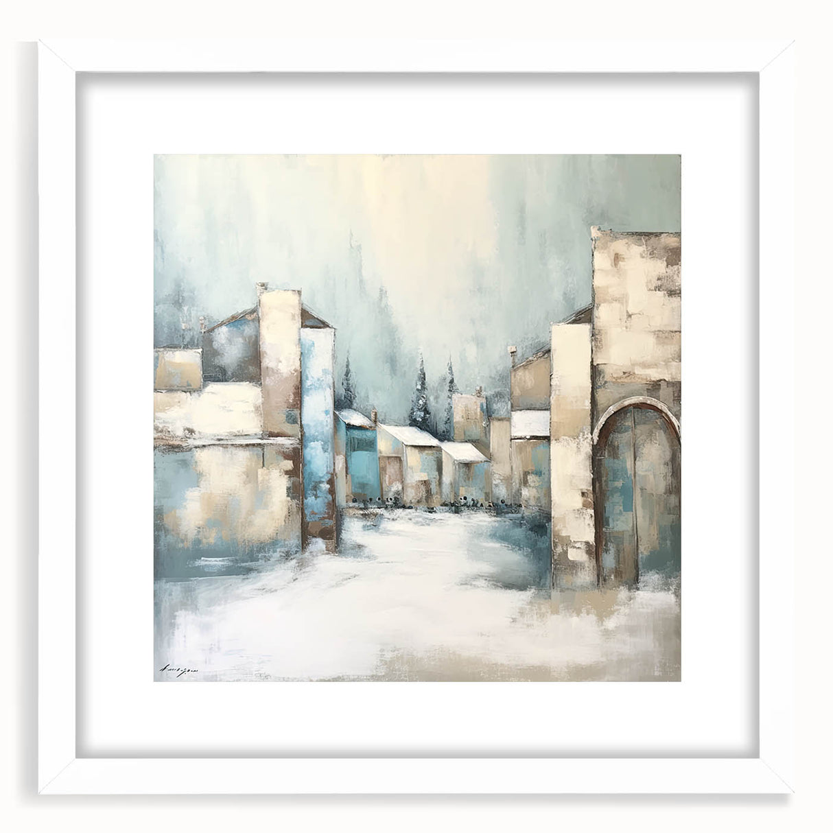 Abstract architecture wall art framed with a white mat, showcasing geometric shapes and muted colors, perfect for modern home decor. Ideal for adding a contemporary touch to living spaces or offices.