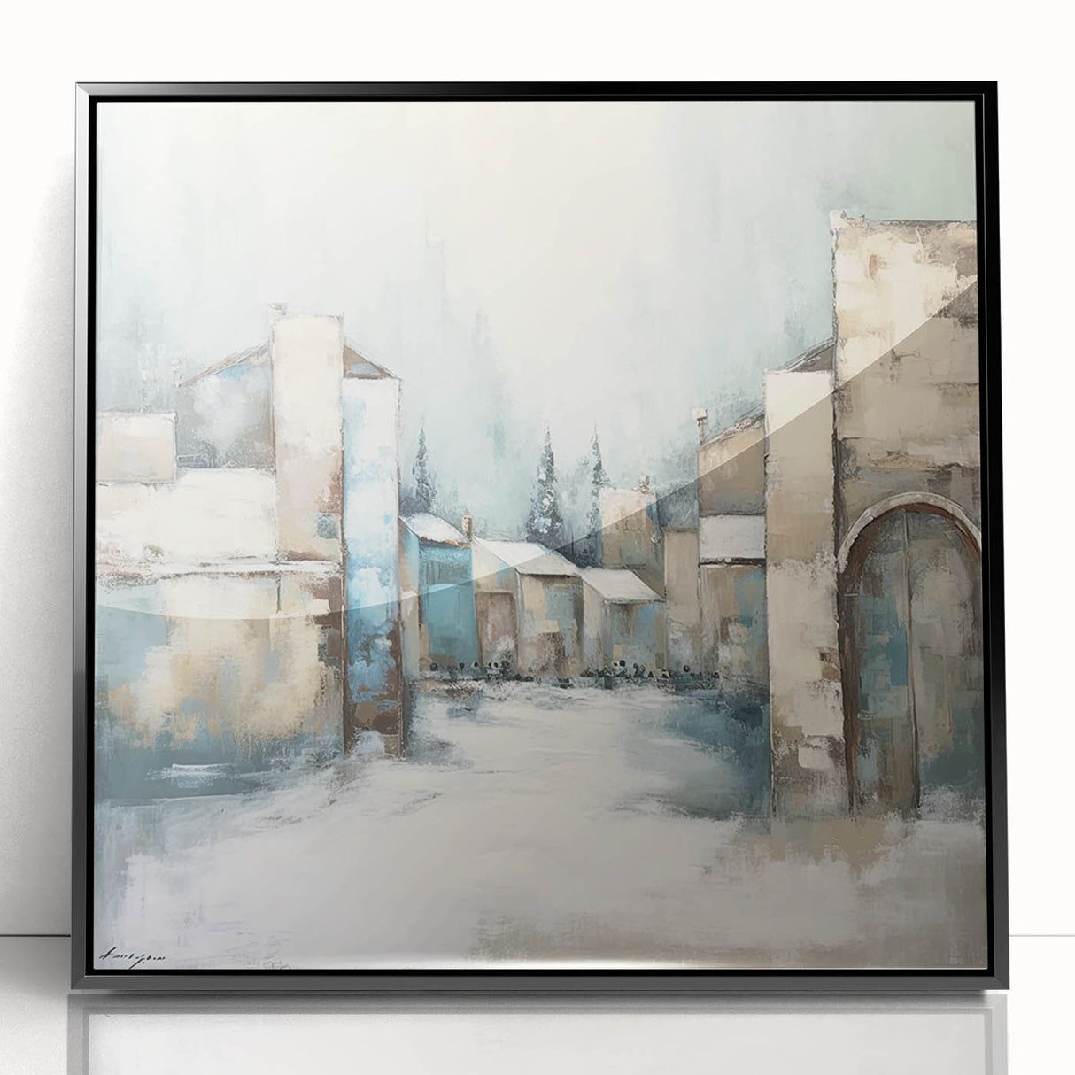 Framed abstract architecture wall art in acrylic with a sleek black frame, showcasing geometric shapes and modern design, ideal for contemporary decor.