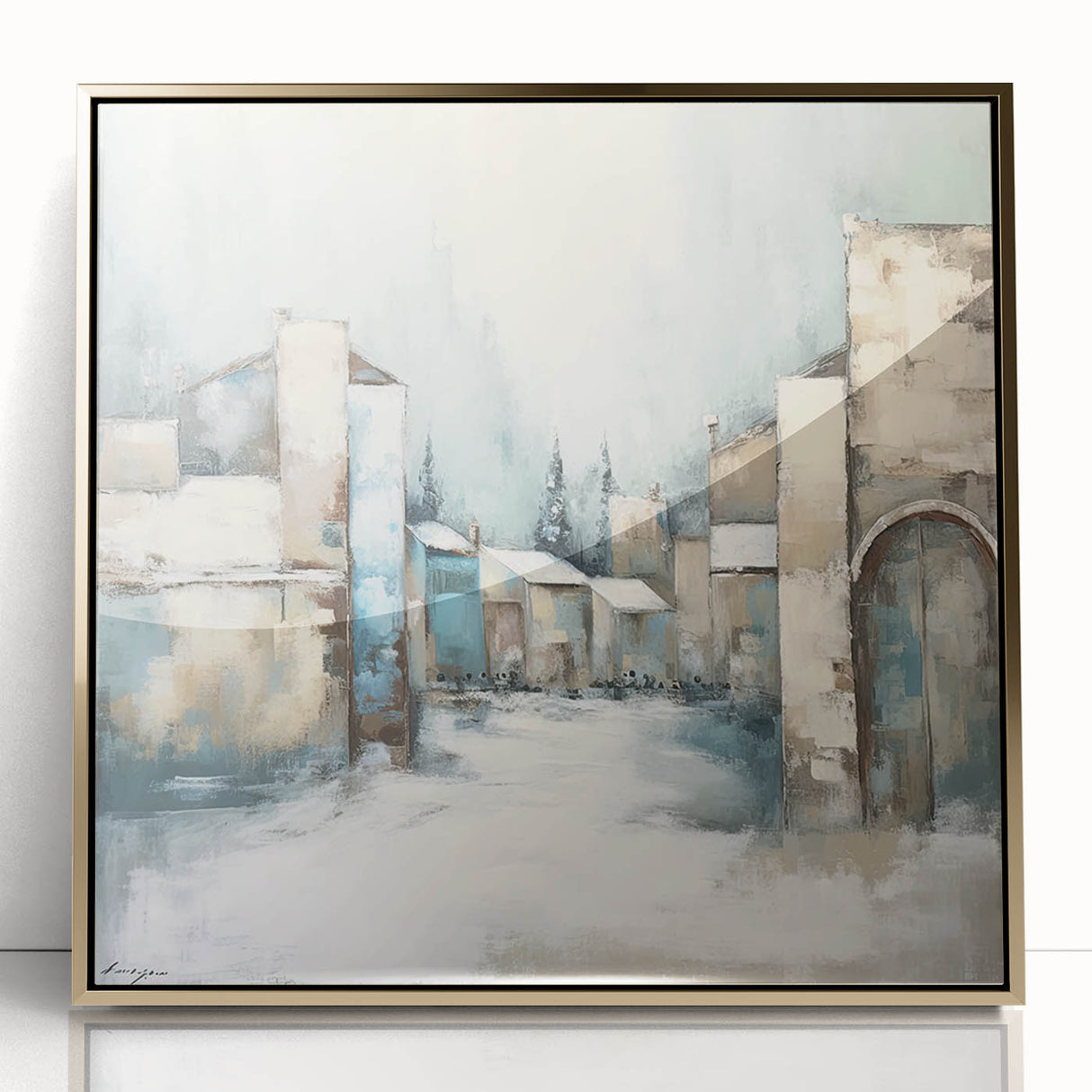 Framed abstract architecture wall art with gold accents, set against a sleek acrylic background, showcasing geometric shapes and modern design elements.