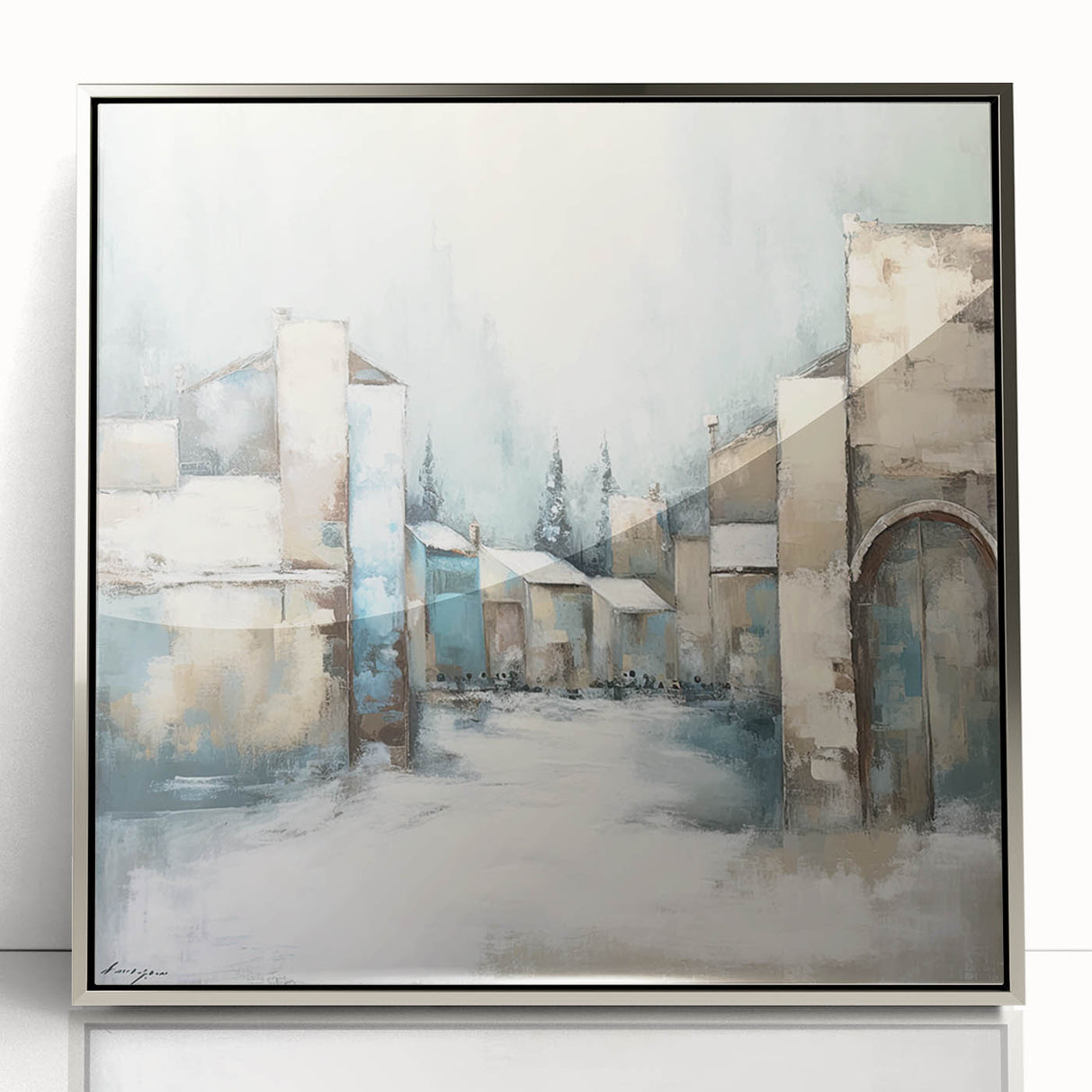 Framed acrylic wall art showcasing a modern abstract architecture design in silver tones, ideal for contemporary home decor and interior styling.
