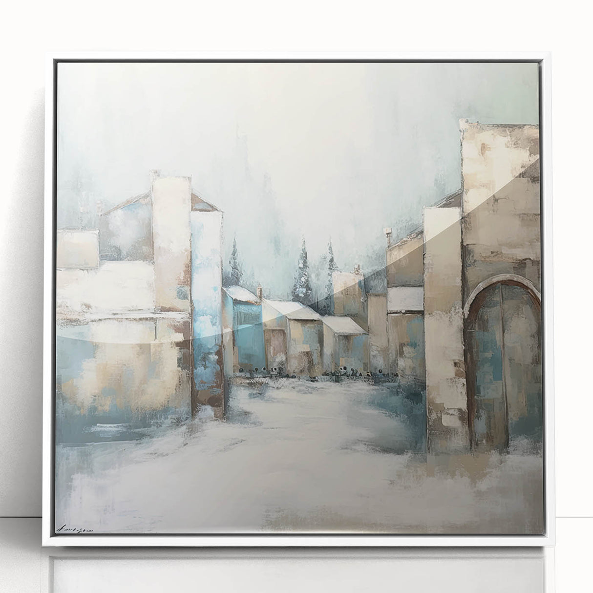 Framed abstract architecture wall art with a sleek white border, showcasing geometric shapes in muted tones, perfect for modern interior decor.