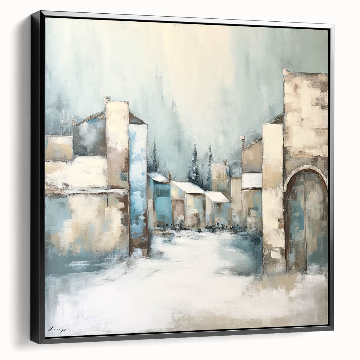 Framed canvas wall art showcasing a modern abstract architectural design, featuring bold black lines and geometric shapes, ideal for contemporary home decor.