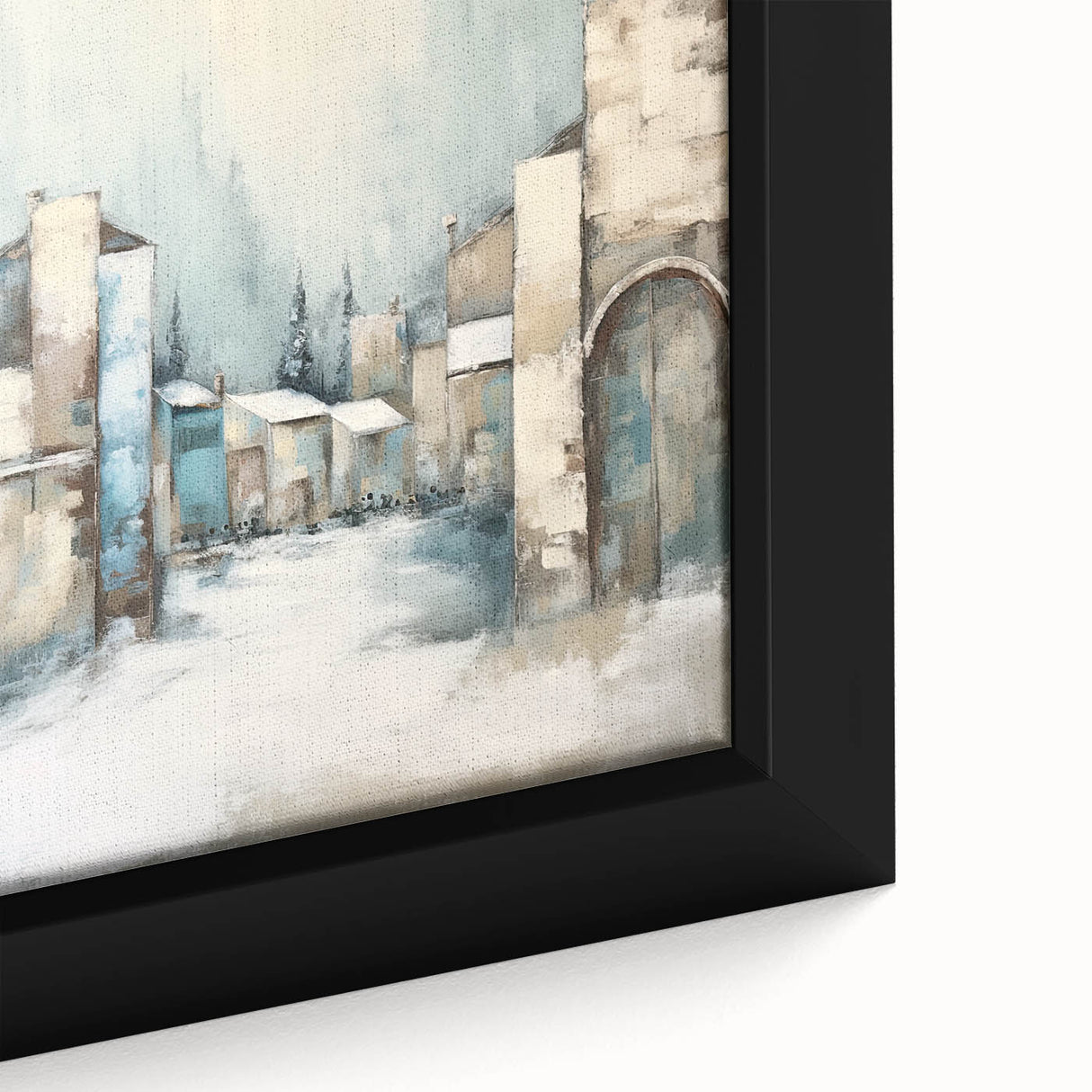 Abstract architectural wall art featuring geometric shapes and bold colors, framed in black, showcasing a modern design suitable for contemporary decor.