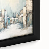 Abstract architectural wall art featuring geometric shapes and bold colors, framed in black, showcasing a modern design suitable for contemporary decor.