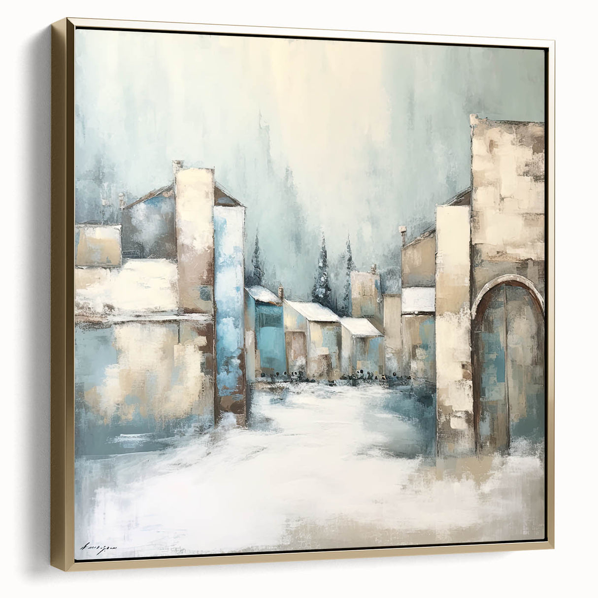 Framed abstract wall art showcasing a modern architectural design in silver and gold tones, perfect for contemporary home decor. The artwork adds a sophisticated touch to any space, blending elegance with artistic flair.
