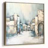 Framed abstract wall art showcasing a modern architectural design in silver and gold tones, perfect for contemporary home decor. The artwork adds a sophisticated touch to any space, blending elegance with artistic flair.