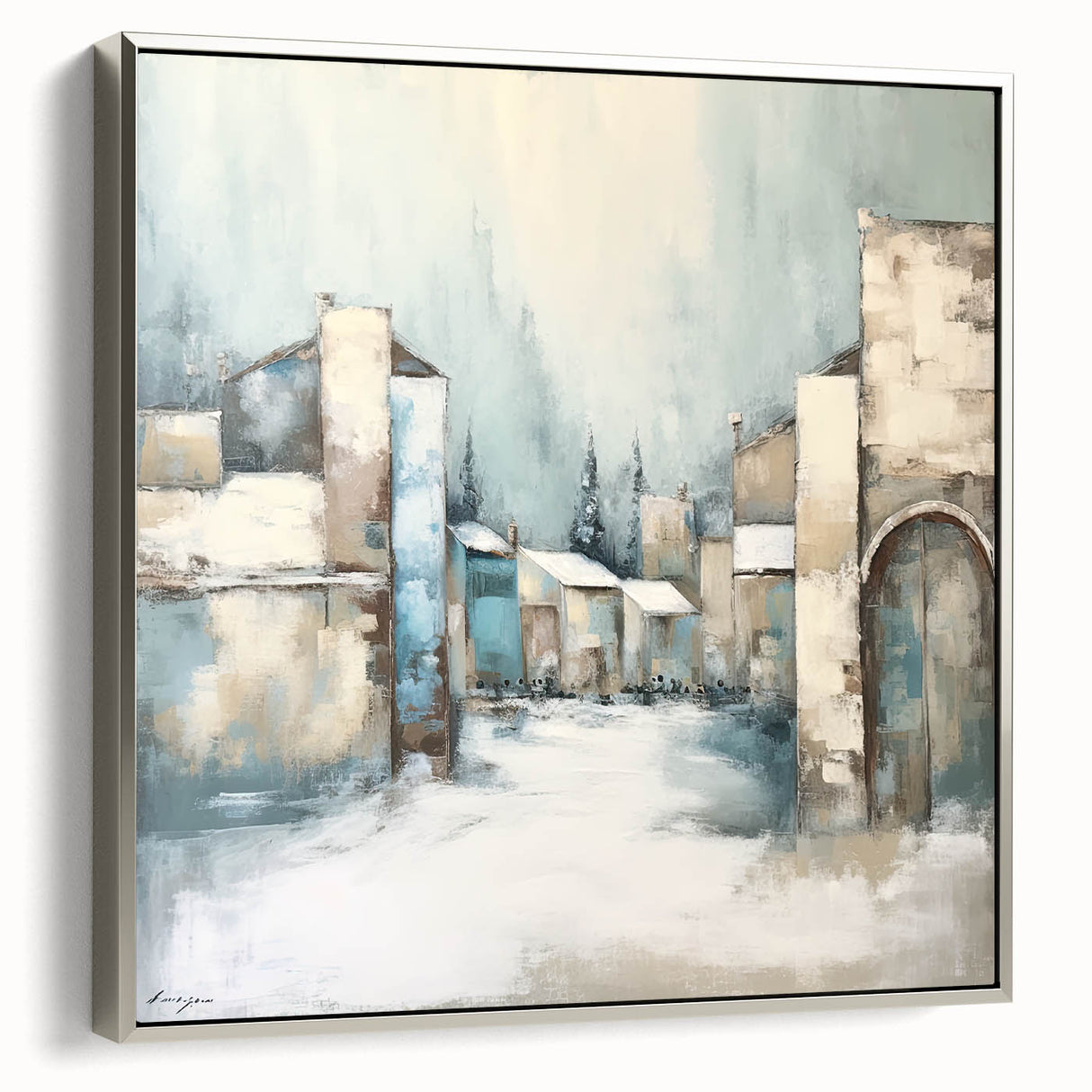 Framed canvas artwork showcasing an abstract architectural design in silver tones, with a sleek side view highlighting its modern aesthetic and elegant finish.
