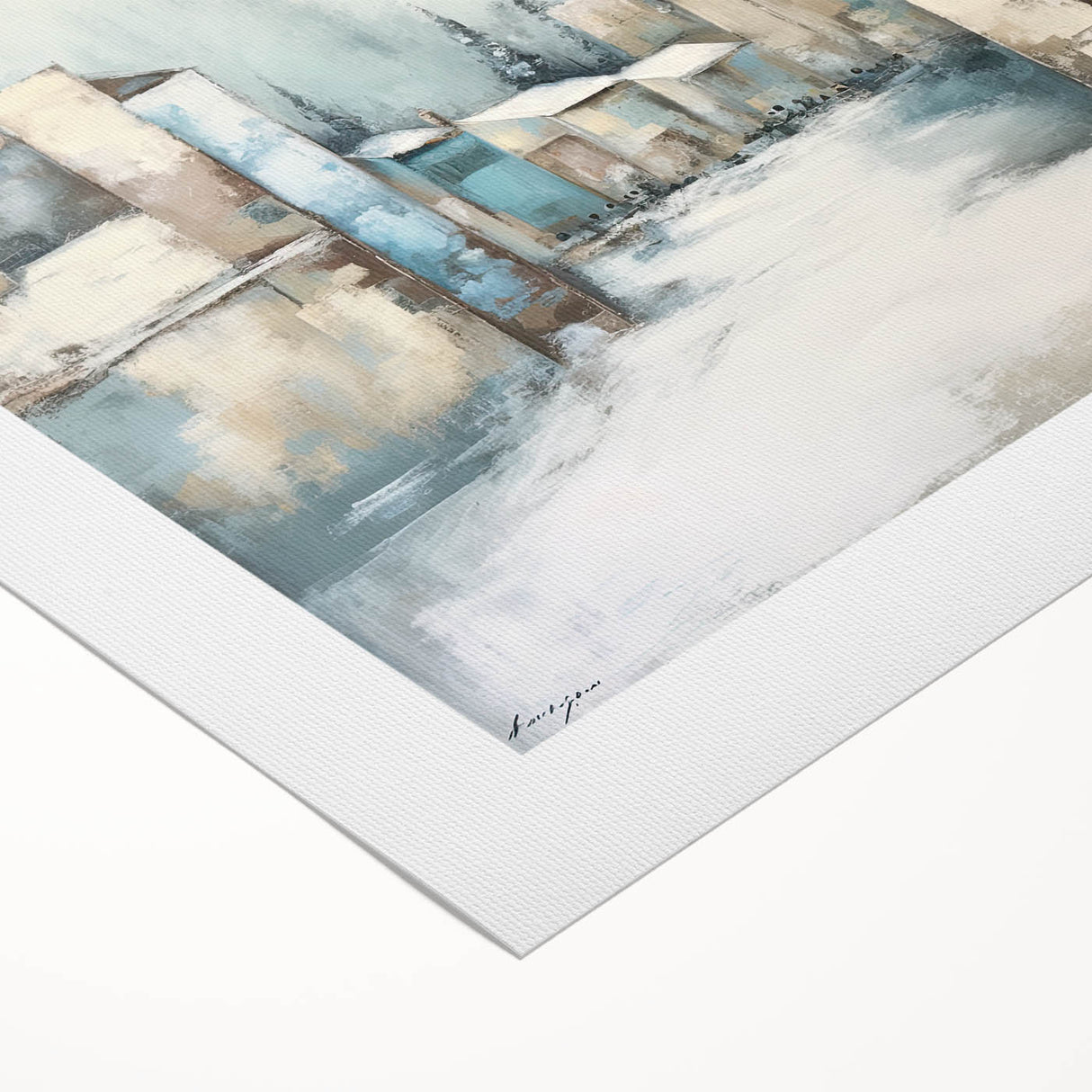 Abstract architectural wall art on rolled canvas, showcasing dynamic geometric shapes in vibrant blue and orange hues, ideal for modern decor.