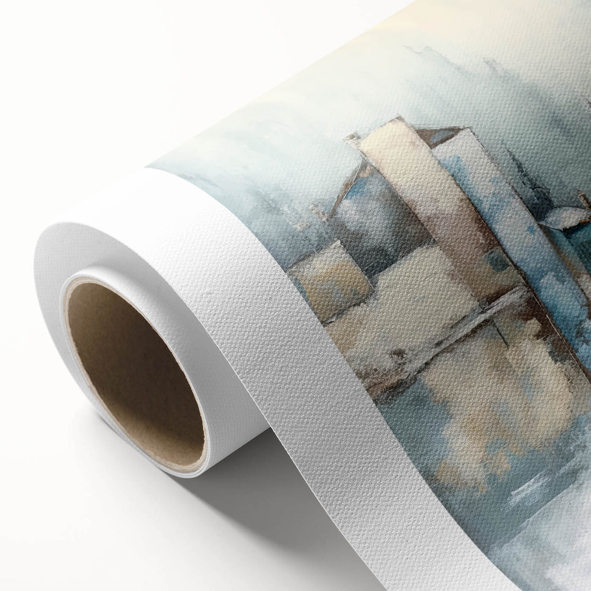 Abstract architectural wall art on rolled canvas, showcasing geometric shapes in muted tones of blue and gray, ideal for modern decor. Packaged securely in a sturdy tube for safe delivery.