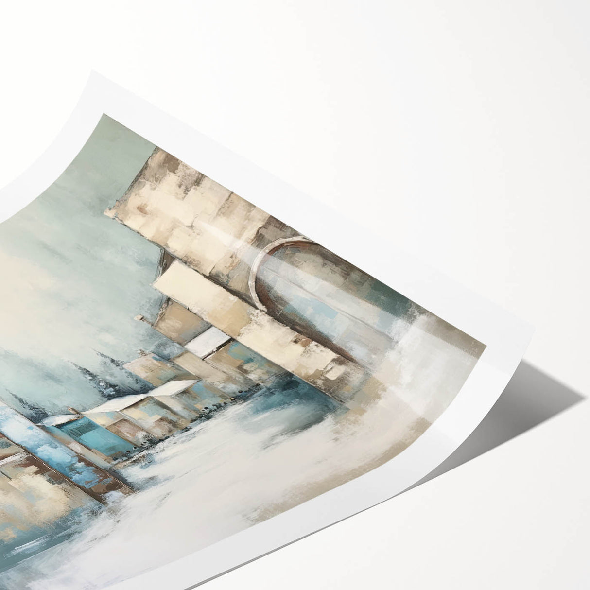 Abstract architectural wall art print showcasing geometric shapes and vibrant colors, rolled and packaged in a protective cardboard tube for easy display.