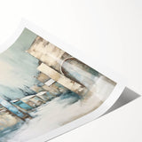 Abstract architectural wall art print showcasing geometric shapes and vibrant colors, rolled and packaged in a protective cardboard tube for easy display.
