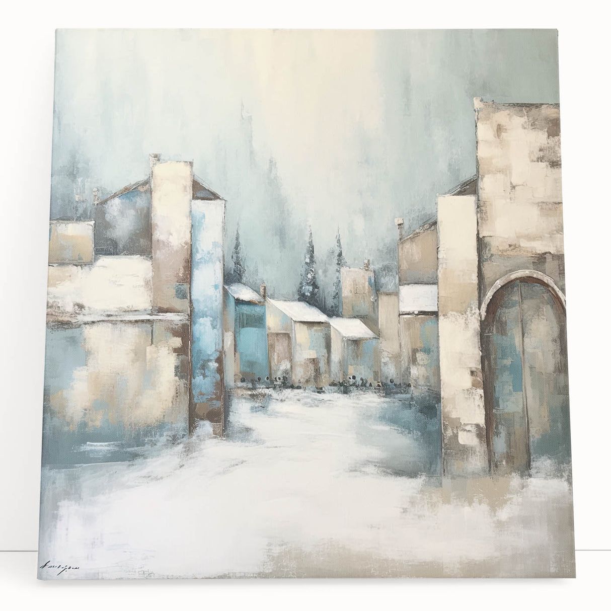 Abstract architecture wall art on stretched canvas, showcasing geometric shapes and vibrant colors, leaning against a wall, perfect for modern decor.