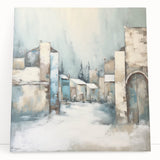 Abstract architecture wall art on stretched canvas, showcasing geometric shapes and vibrant colors, leaning against a wall, perfect for modern decor.