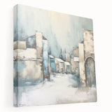 Abstract architecture wall art on stretched canvas, showcasing geometric shapes in muted tones of blue, gray, and beige, ideal for modern home decor.