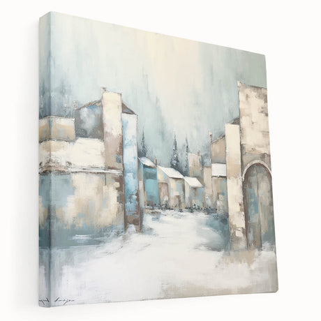 Abstract architecture wall art on stretched canvas, showcasing geometric shapes in muted tones of blue, gray, and beige, ideal for modern home decor.