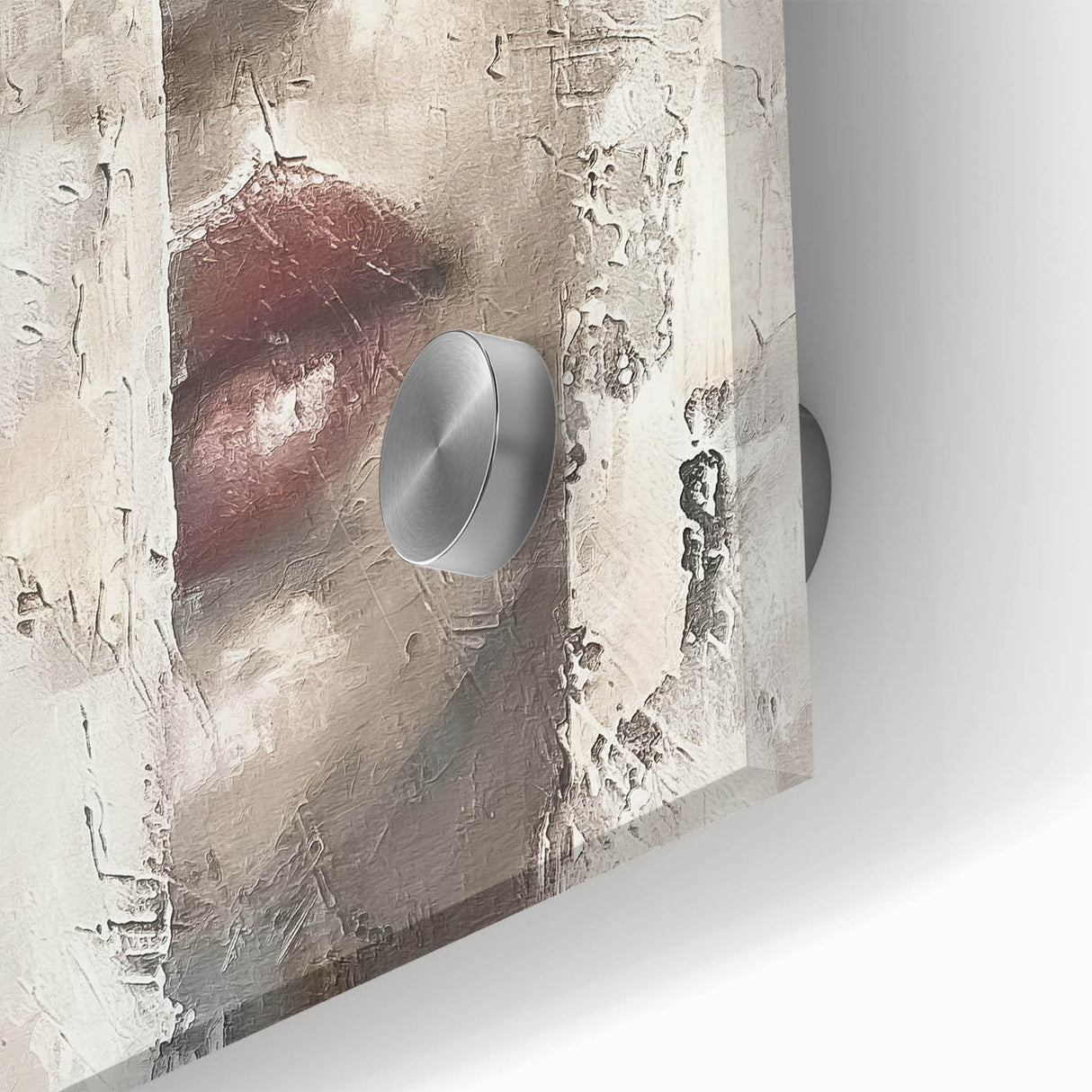 Abstract figurative wall art featuring vibrant colors and dynamic shapes, printed on acrylic glass, showcasing intricate details and a glossy finish, ideal for modern decor.