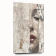 Abstract figurative wall art displayed in a side view, showcasing vibrant colors and intricate designs on acrylic glass, secured with pins for stability.