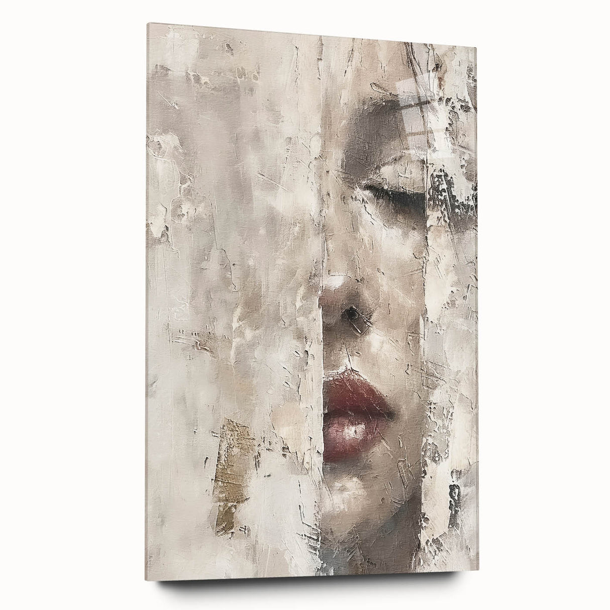 Abstract figurative wall art displayed in a modern acrylic glass frame, showcasing vibrant colors and dynamic shapes, ideal for contemporary home decor.