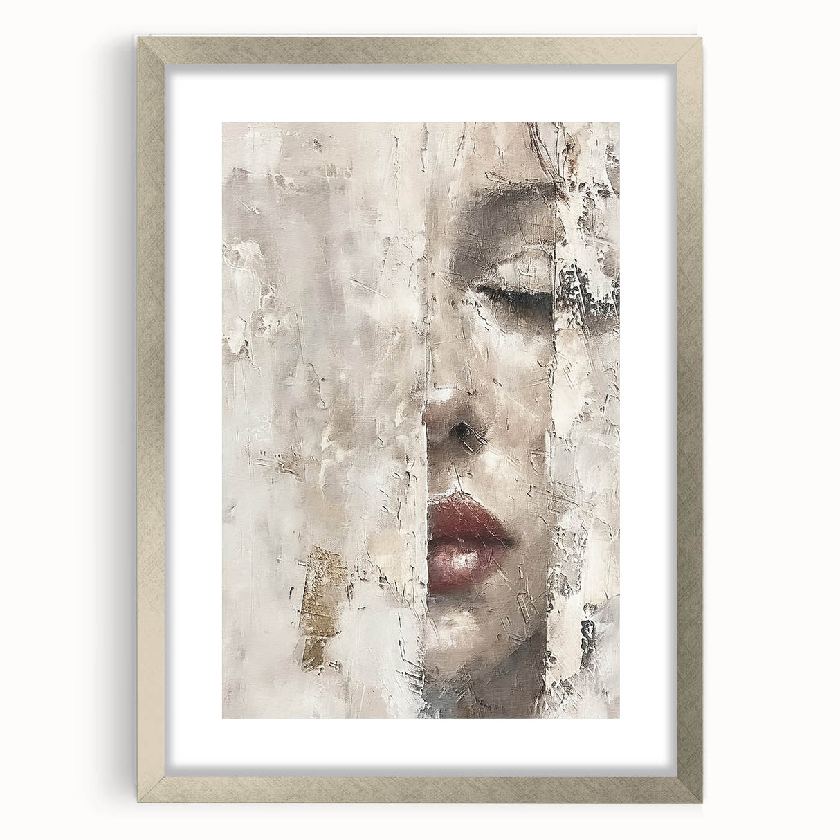 Abstract figurative wall art in a sleek silver frame with a white mat, showcasing vibrant colors and modern design, ideal for contemporary home decor.