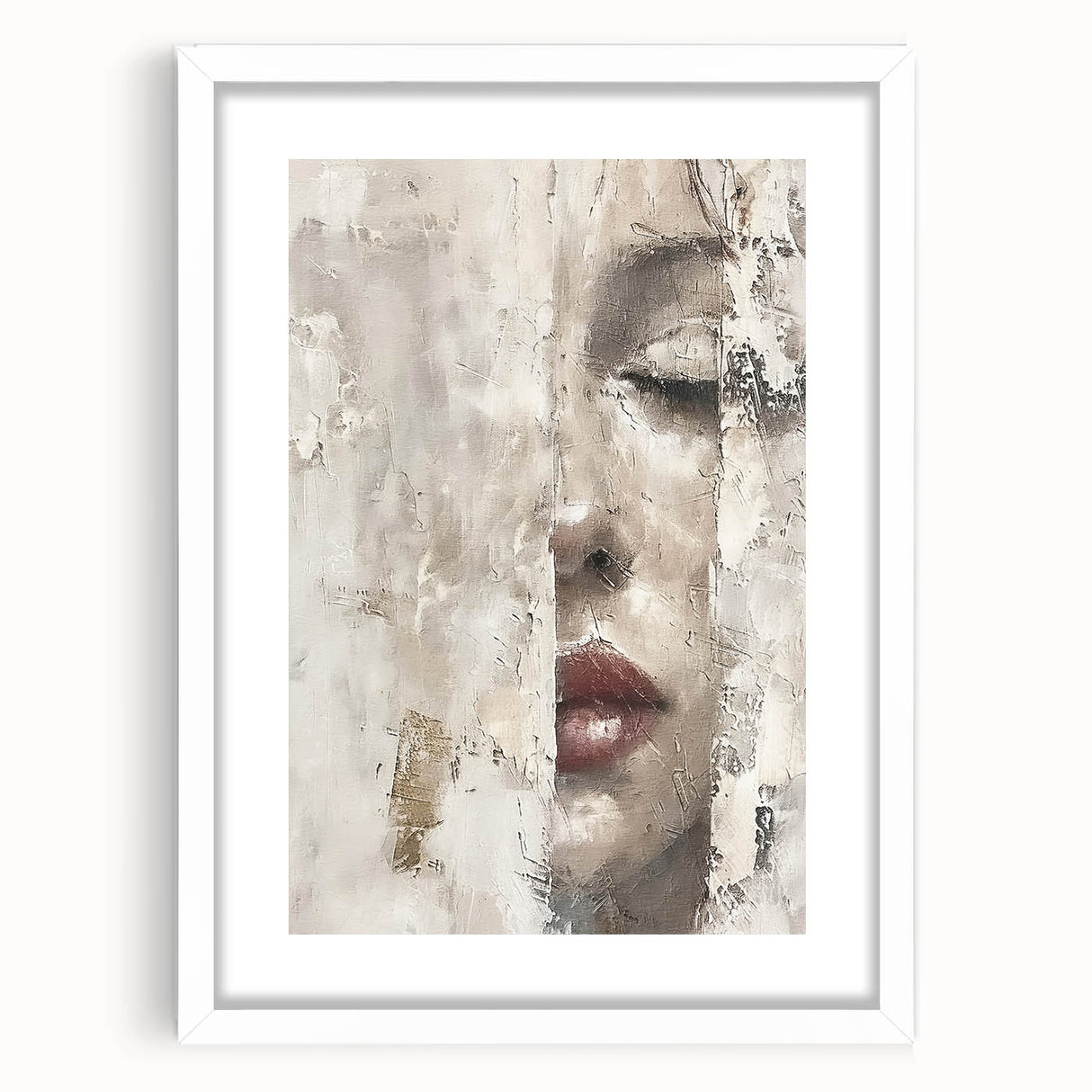 Abstract figurative wall art framed with a white mat, showcasing vibrant colors and intricate shapes. Perfect for modern home decor, adding a contemporary touch to any space.