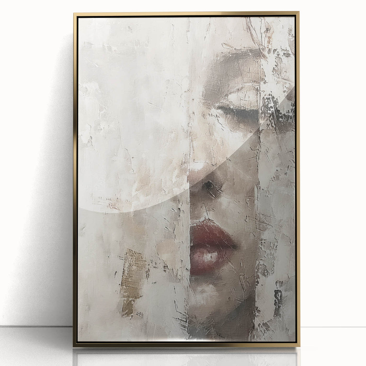Framed abstract figurative wall art featuring gold accents, set against a neutral backdrop, ideal for modern home decor. This piece adds elegance and sophistication to any room.