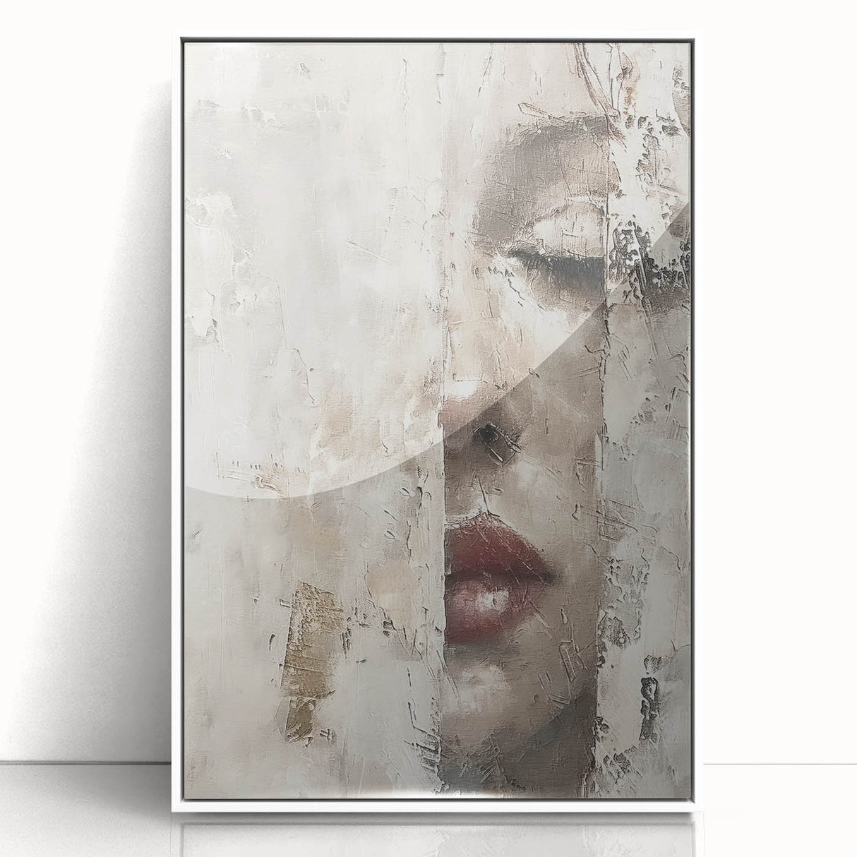 Framed abstract figurative wall art showcasing a vibrant mix of colors with white accents, presented in an elegant acrylic frame, perfect for modern home decor.