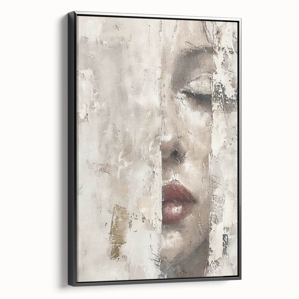 Framed abstract figurative wall art showcasing bold black and white patterns, displayed from the side to highlight its modern design and elegant finish.
