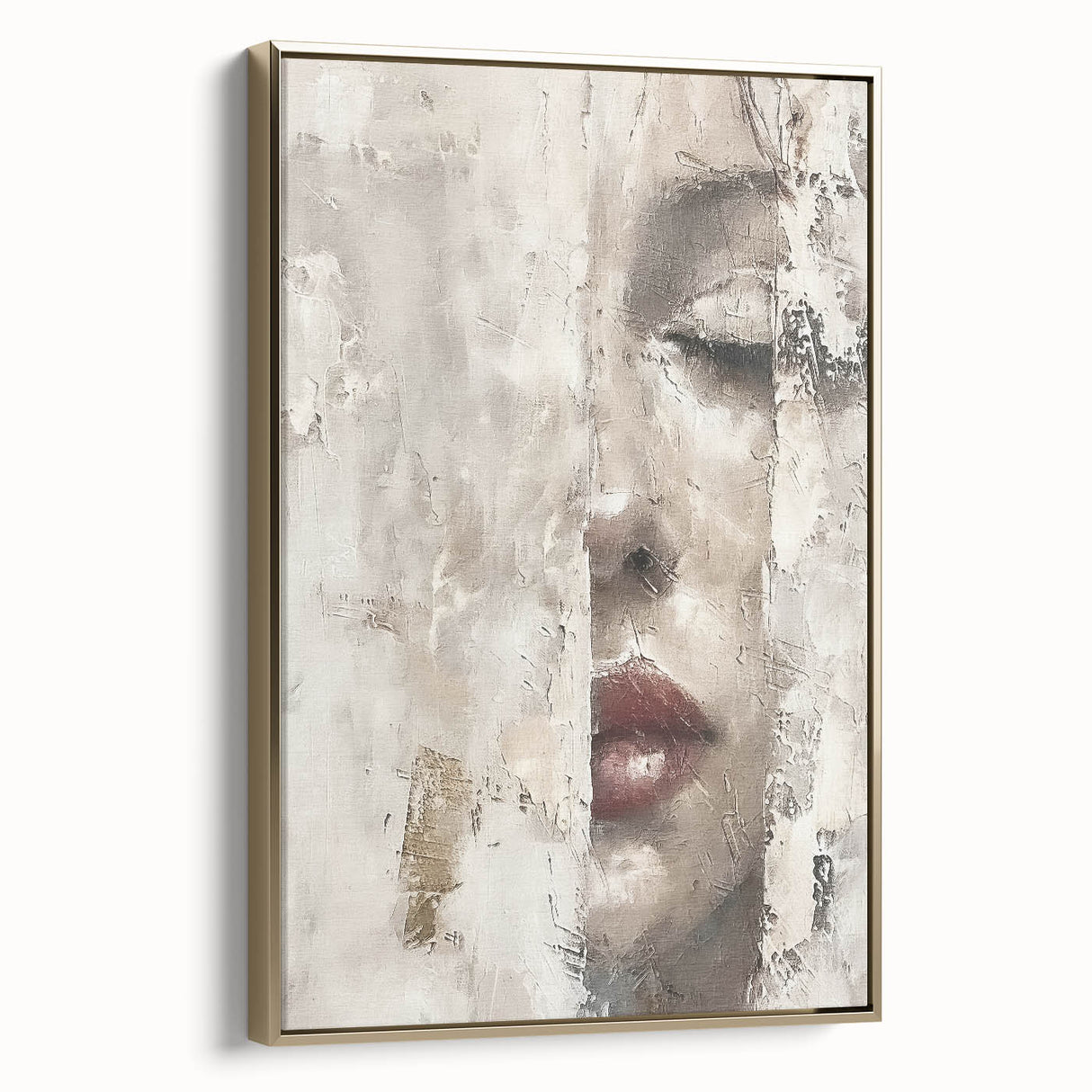 Abstract figurative wall art in a sleek gold frame, showcasing a dynamic design with fluid shapes and bold colors, perfect for modern decor. Ideal for enhancing living spaces with elegance and style.