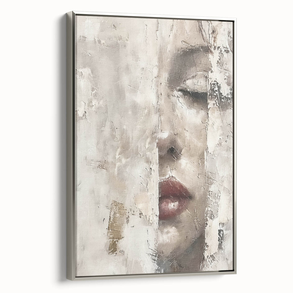 Framed abstract figurative wall art featuring a silver side view, showcasing a modern design with fluid shapes and muted colors, perfect for contemporary home decor.