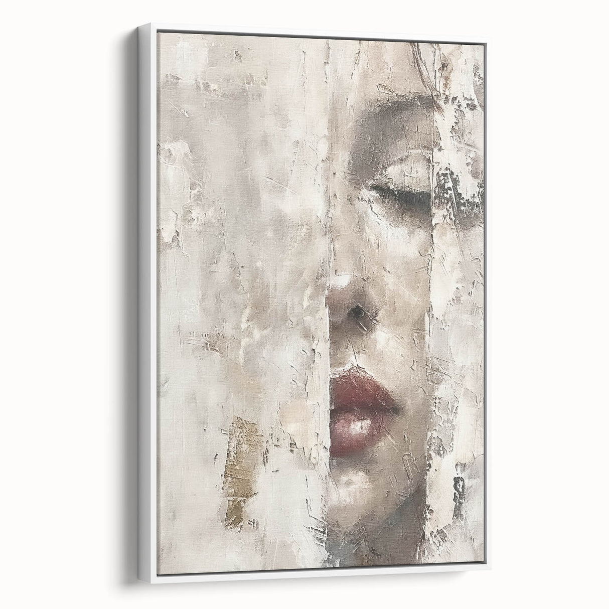 Framed abstract figurative wall art featuring soft white and beige tones, elegantly displayed from a side view, perfect for enhancing modern interior decor.