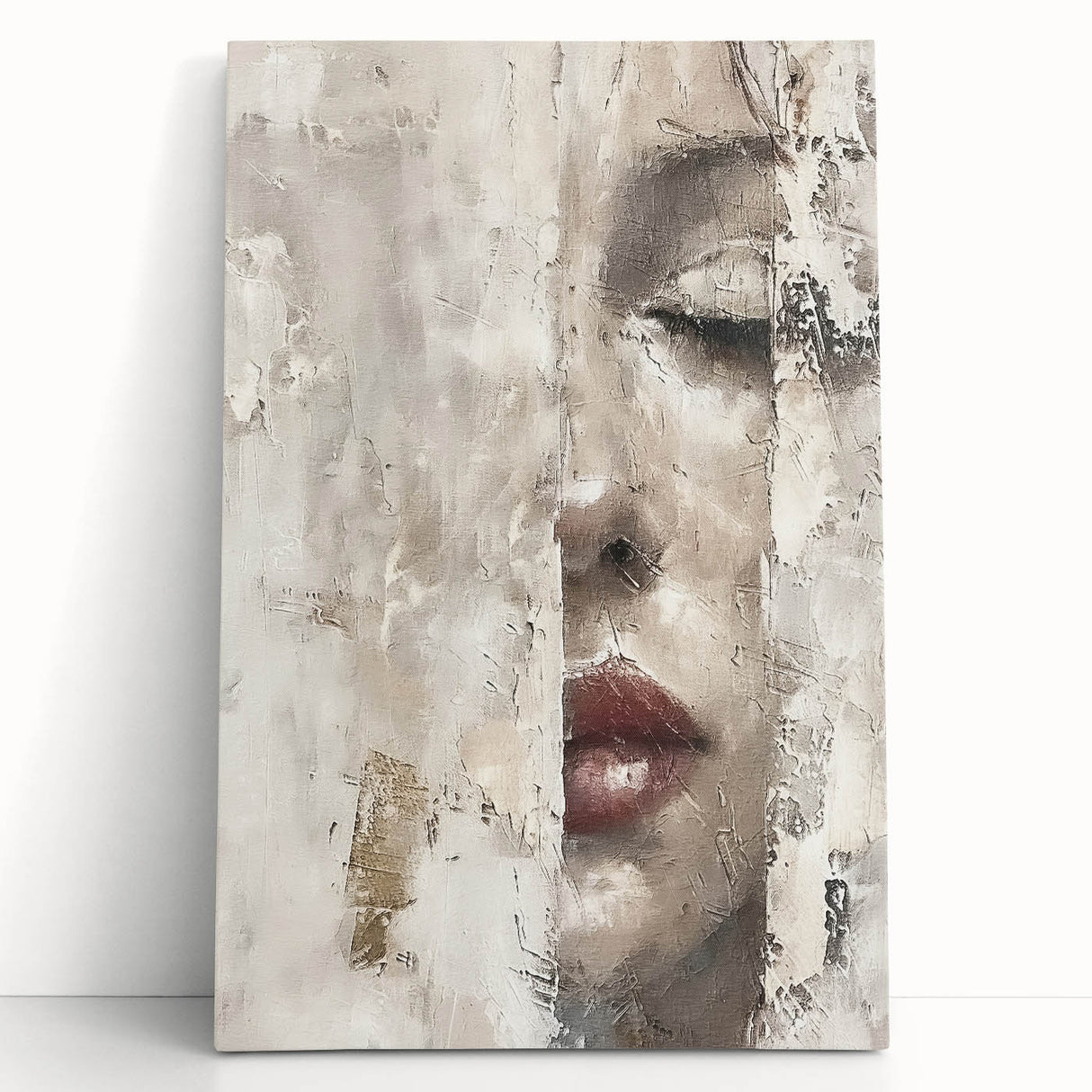Abstract figurative wall art on stretched canvas, showcasing vibrant colors and dynamic shapes, leaning against a wall, perfect for modern decor.