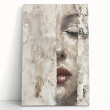 Abstract figurative wall art on stretched canvas, showcasing vibrant colors and dynamic shapes, leaning against a wall, perfect for modern decor.