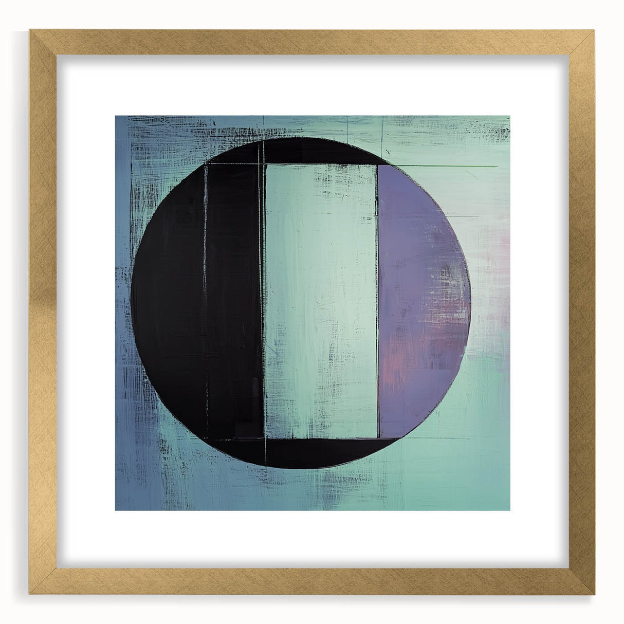 Abstract geometric frame with a gold mat showcasing a modern art design, ideal for home decor, emphasizing elegance and contemporary style.