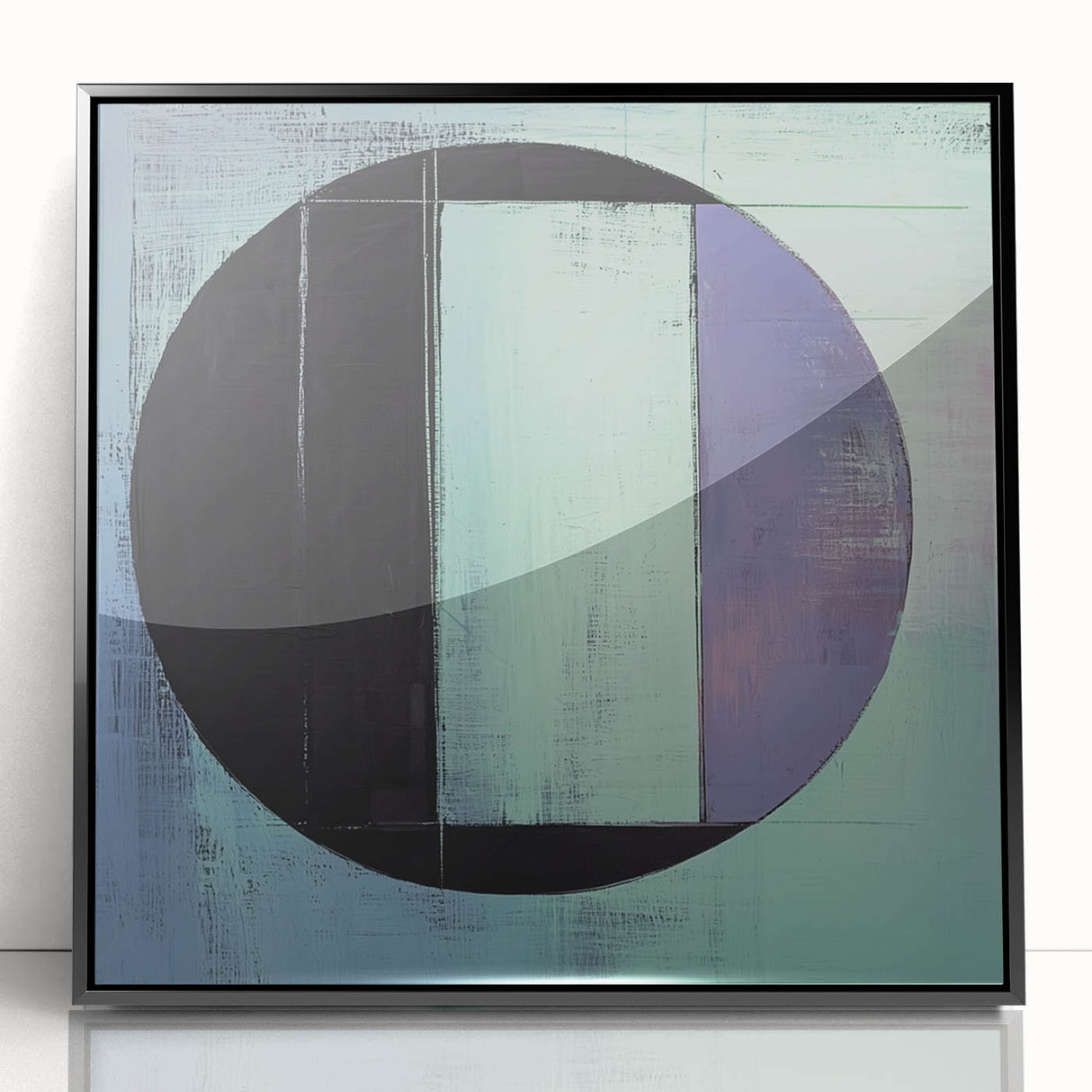 Framed geometric abstract art piece with black acrylic front, showcasing sharp lines and modern design elements, perfect for contemporary home decor.